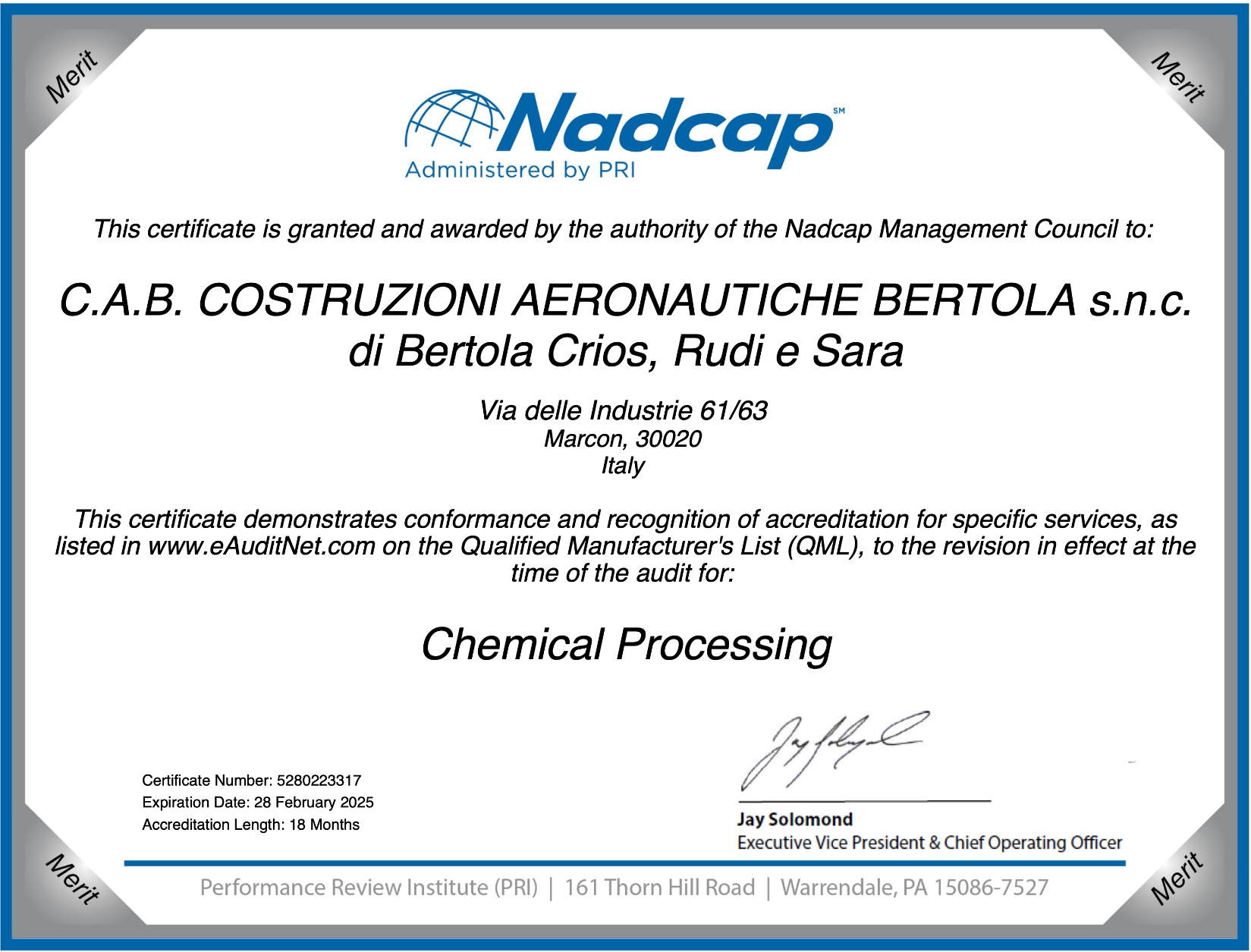 CAB Chemical Processing certified by NADCAP